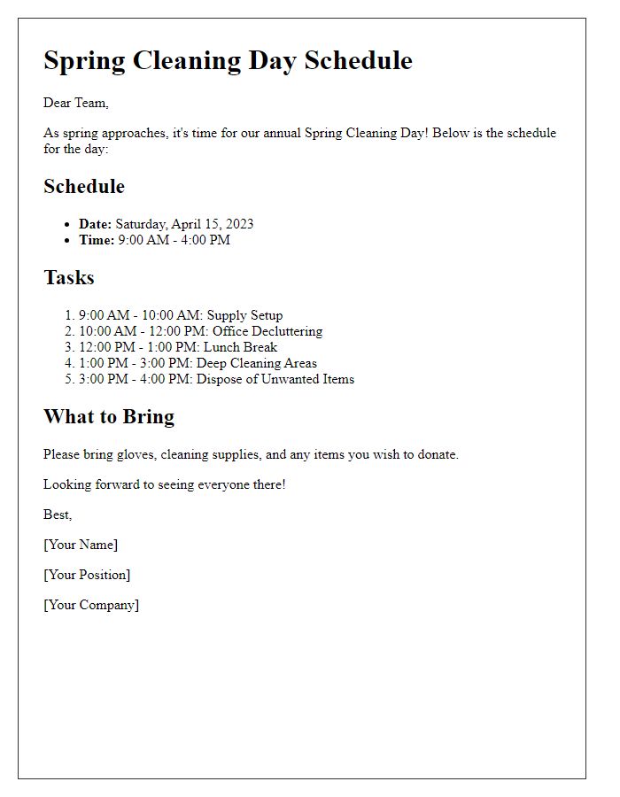 Letter template of Spring Cleaning Day Schedule