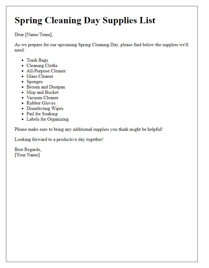 Letter template of Spring Cleaning Day Supplies List