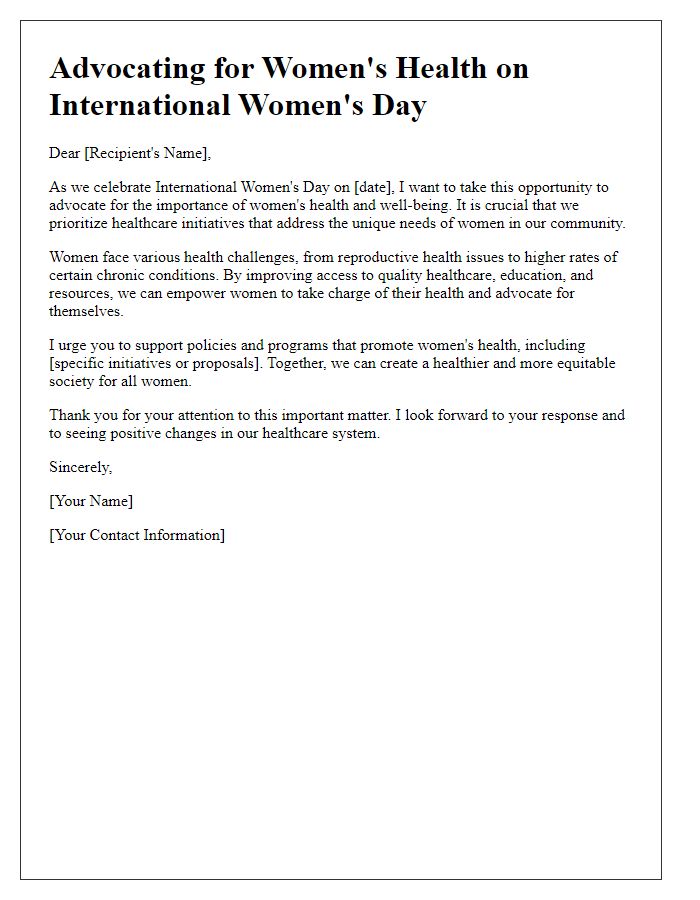 Letter template for advocating for women's health on International Women's Day