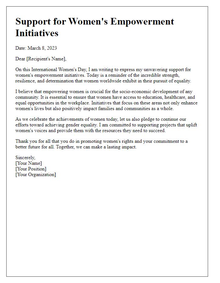 Letter template of support for womens empowerment initiatives on International Women's Day