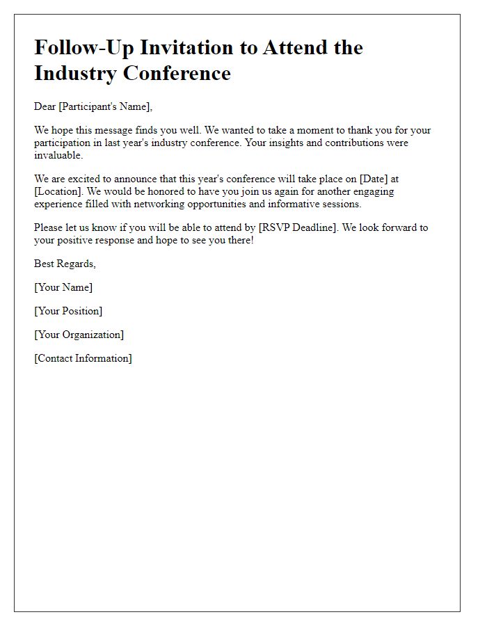 Letter template of follow-up invitation for industry conference participants.