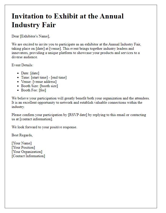 Letter template of invitation for exhibitors at an industry fair.