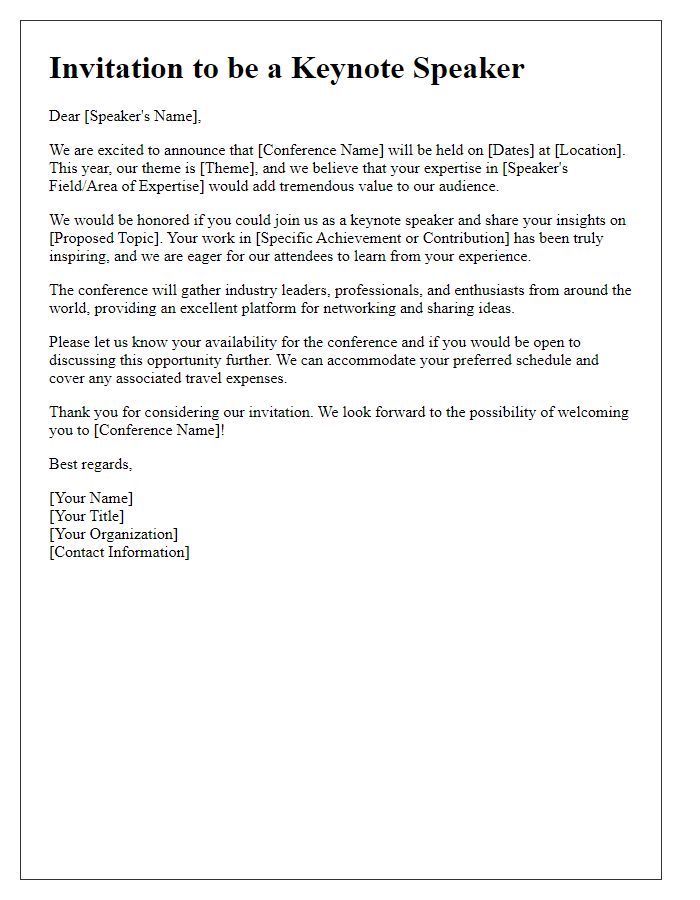 Letter template of invitation for keynote speakers at an industry conference.