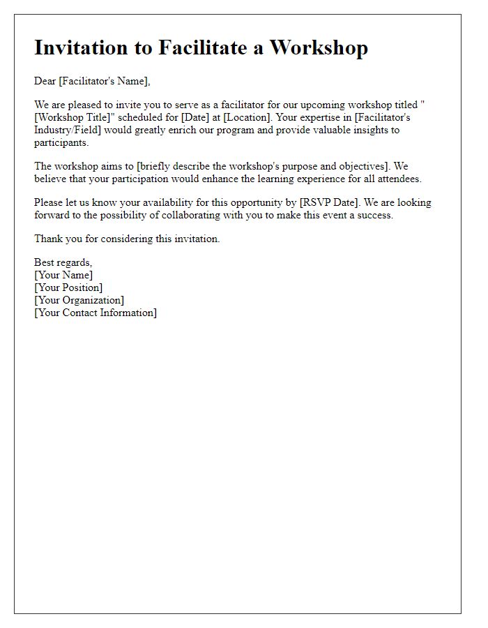 Letter template of invitation for workshop facilitators in the industry.