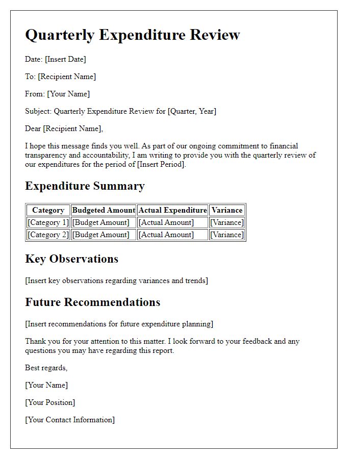 Letter template of quarterly expenditure review