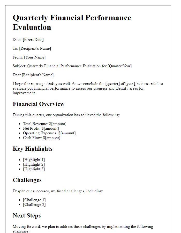 Letter template of quarterly financial performance evaluation