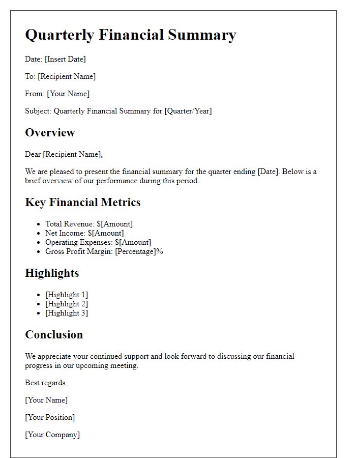 Letter template of quarterly financial summary