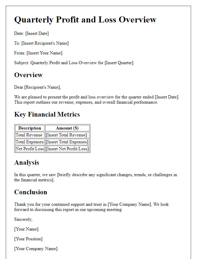 Letter template of quarterly profit and loss overview