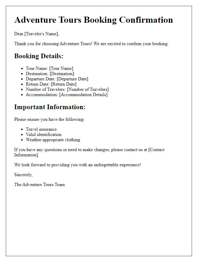 Letter template of travel booking confirmation for adventure tours