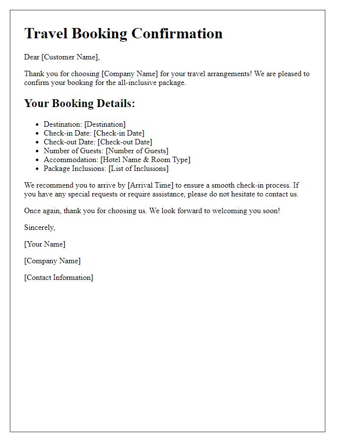 Letter template of travel booking confirmation for all-inclusive packages