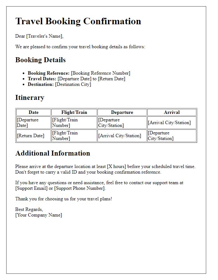 Letter template of travel booking confirmation for domestic trips