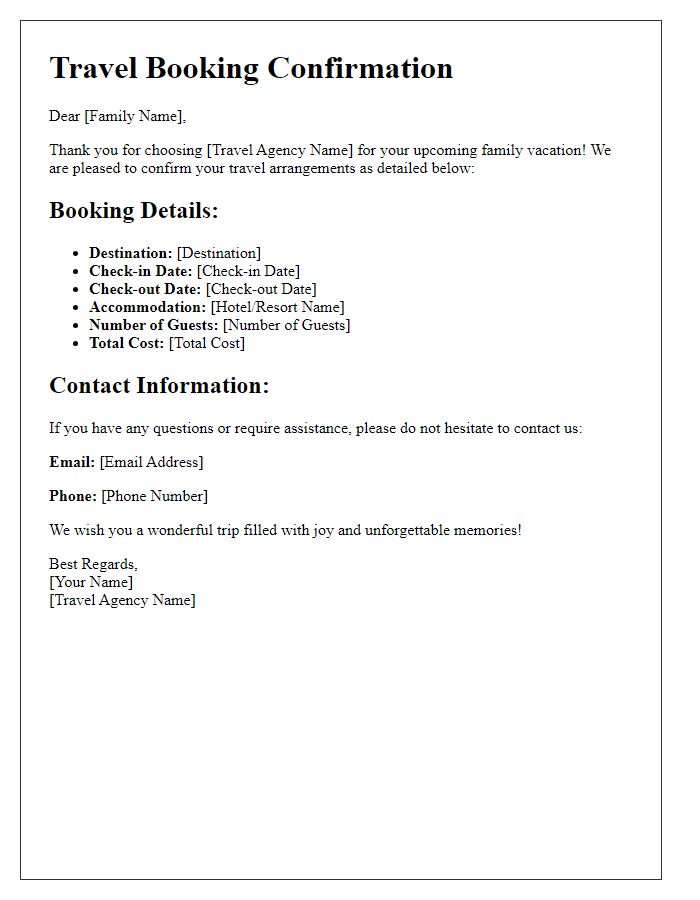 Letter template of travel booking confirmation for family vacations