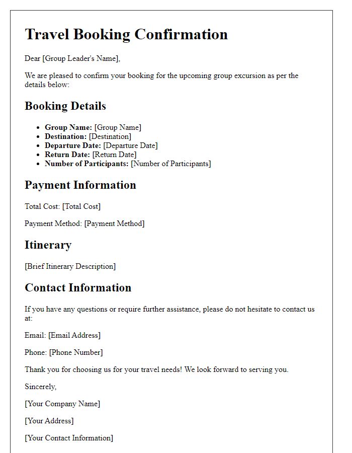 Letter template of travel booking confirmation for group excursions