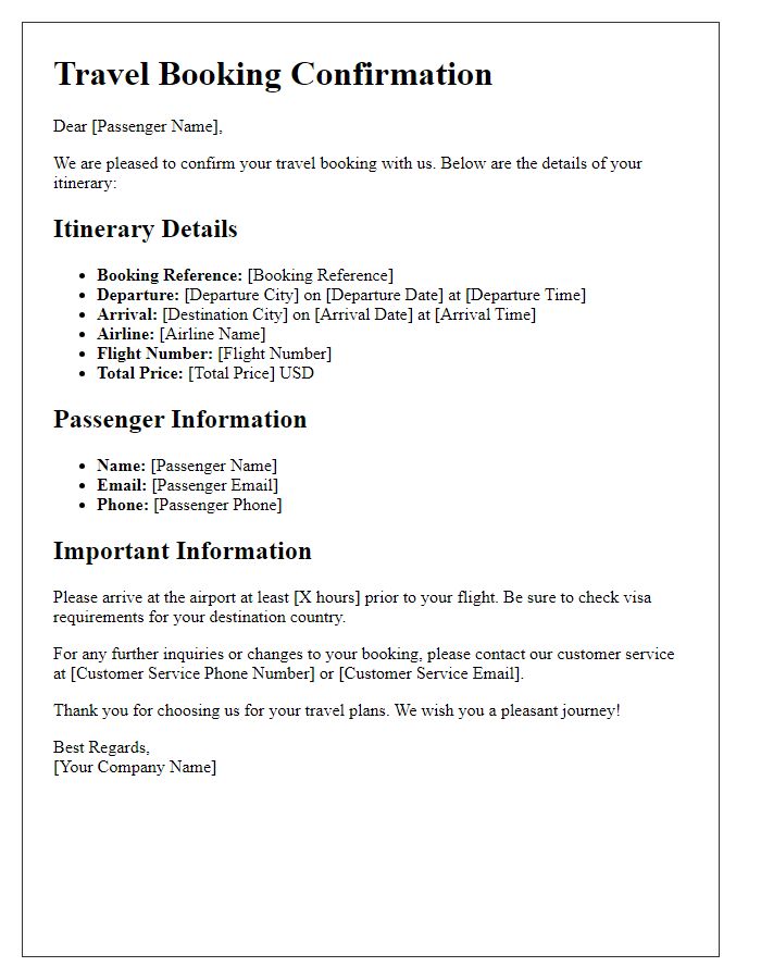 Letter template of travel booking confirmation for international travel