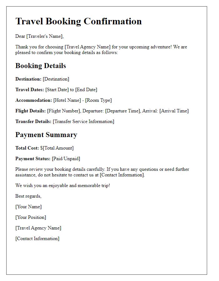 Letter template of travel booking confirmation for leisure trips