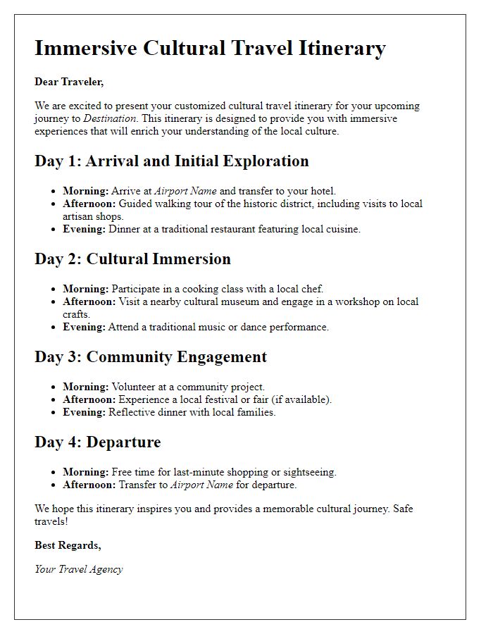 Letter template of cultural travel itinerary for immersive experiences