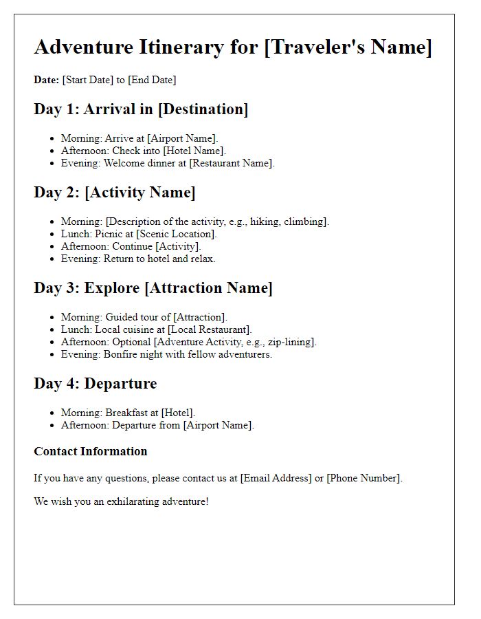 Letter template of custom travel itinerary for adventure seekers