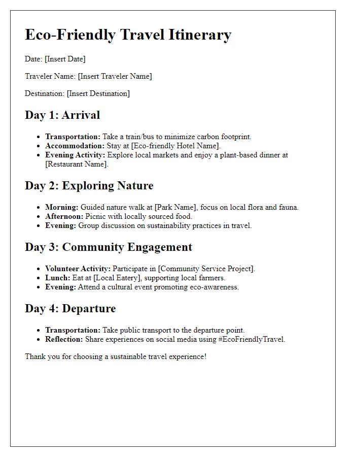 Letter template of eco-friendly travel itinerary for sustainable trips