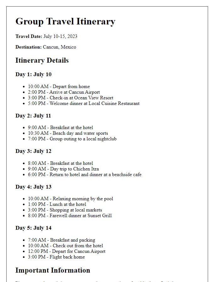 Letter template of group travel itinerary for friends' vacation