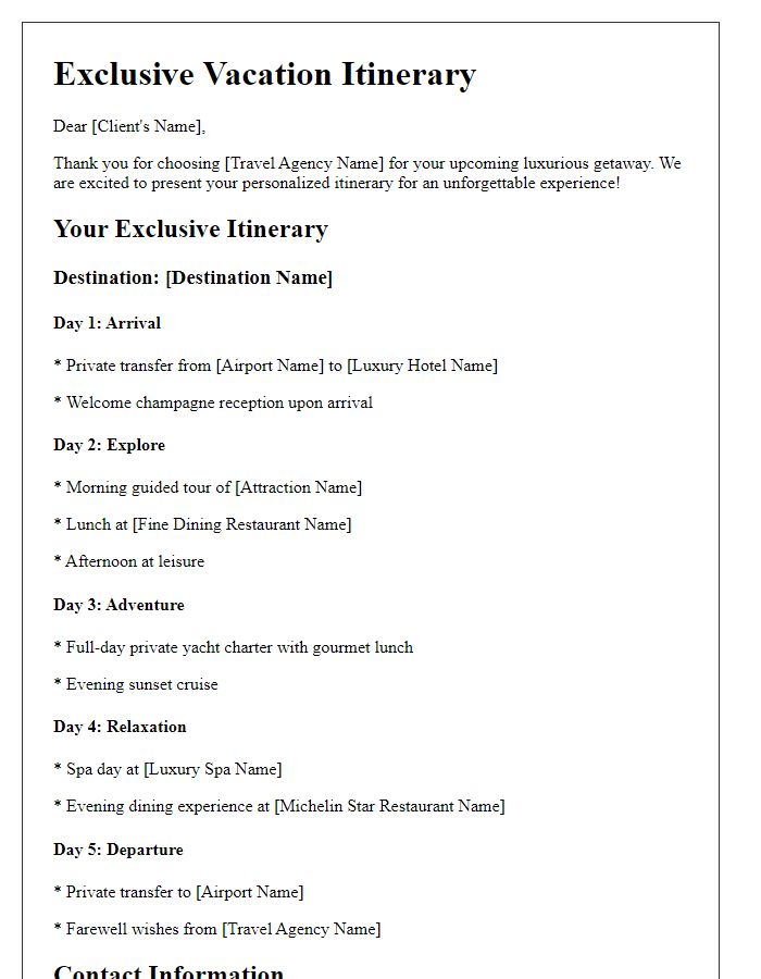 Letter template of luxury travel itinerary for exclusive vacations