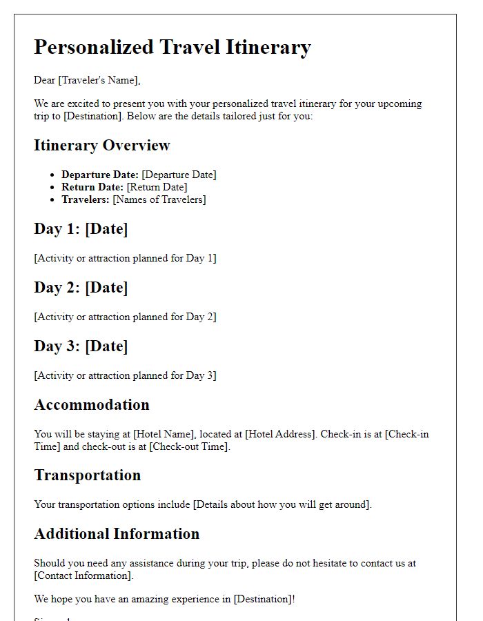 Letter template of personalized travel itinerary planning