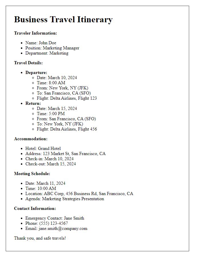 Letter template of professional travel itinerary for business travel