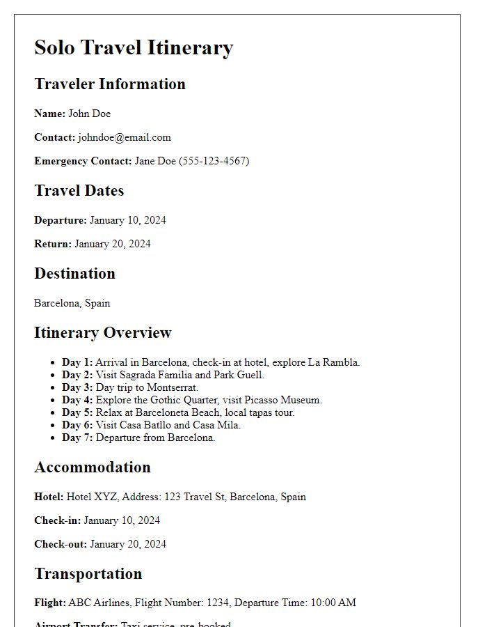 Letter template of solo travel itinerary for personal exploration