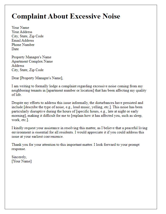 Letter template of complaint about excessive noise from neighboring tenants.