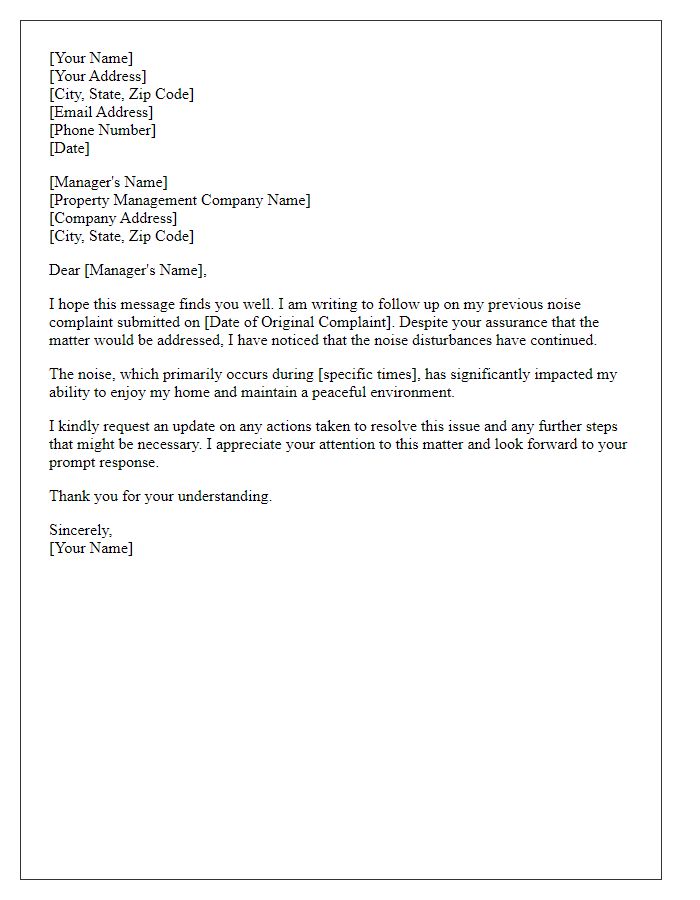 Letter template of follow-up on previous noise complaint to management.