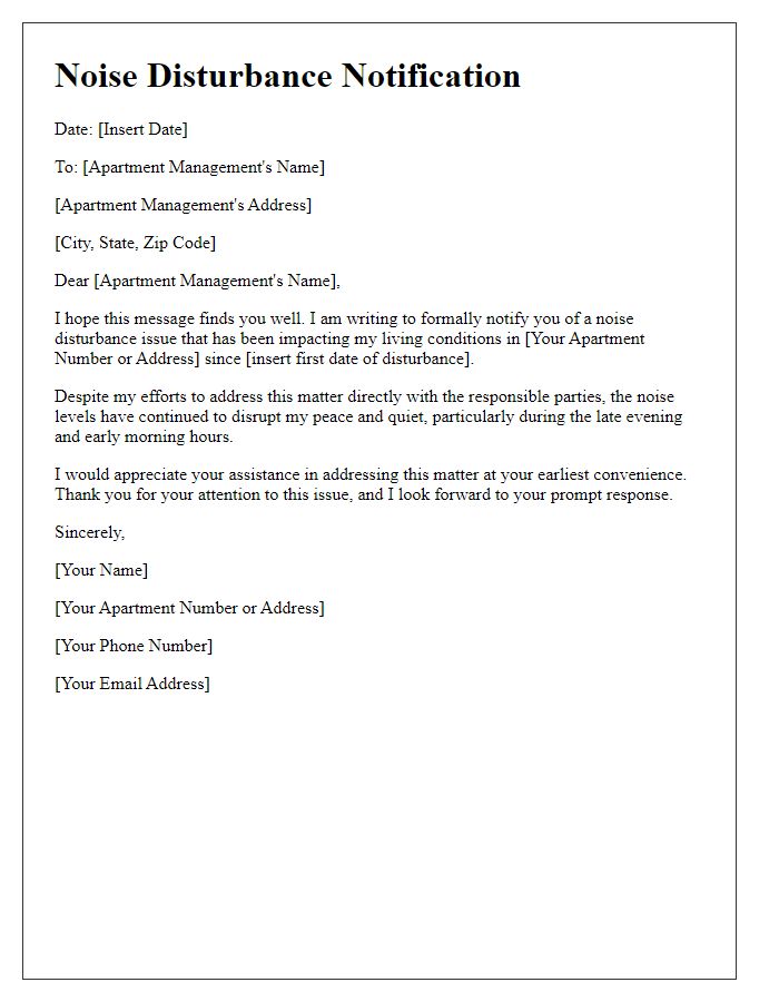 Letter template of noise disturbance notification for apartment management.