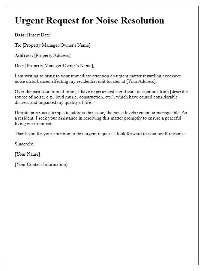 Letter template of urgent request for noise resolution for residential units.