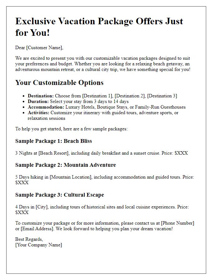 Letter template of customizable vacation packages