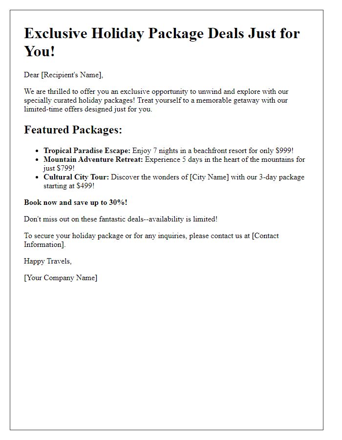 Letter template of exclusive holiday package deals