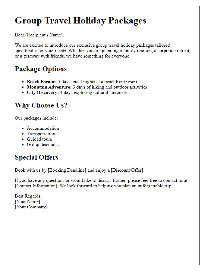 Letter template of group travel holiday packages