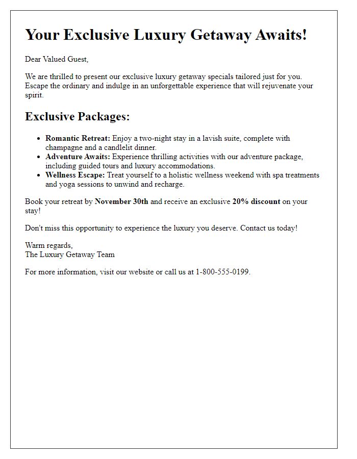 Letter template of luxury getaway specials