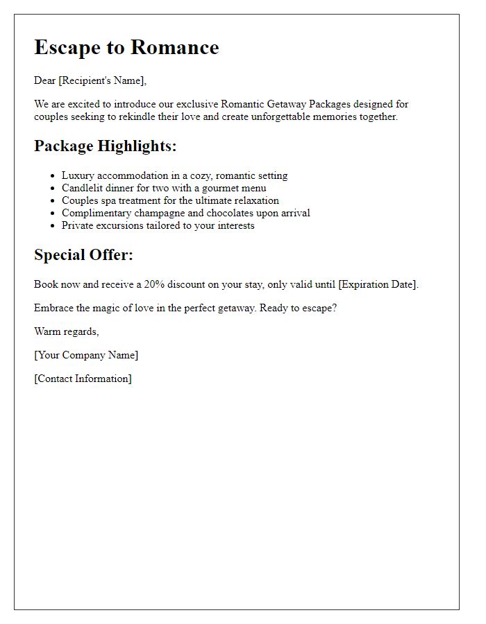 Letter template of romantic getaway packages