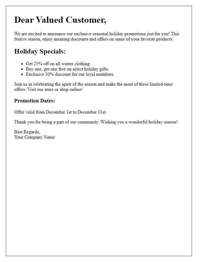 Letter template of seasonal holiday promotions