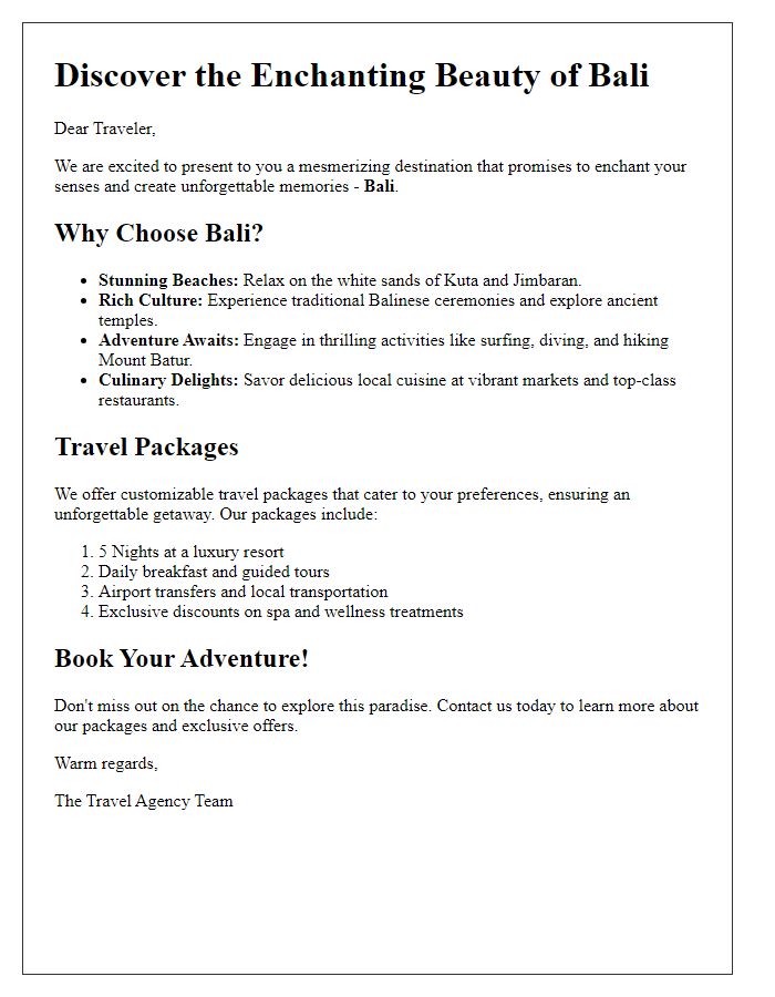 Letter template of travel agency destination highlight