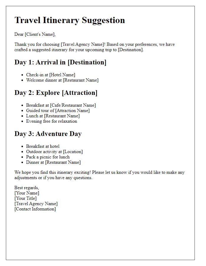 Letter template of travel agency itinerary suggestion