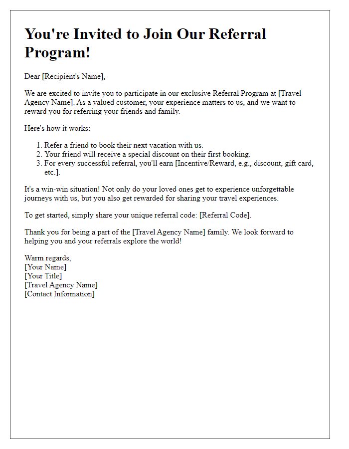 Letter template of travel agency referral program invitation