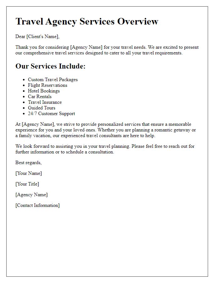 Letter template of travel agency services overview