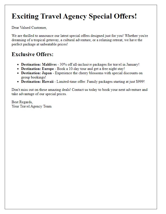 Letter template of travel agency special offers announcement