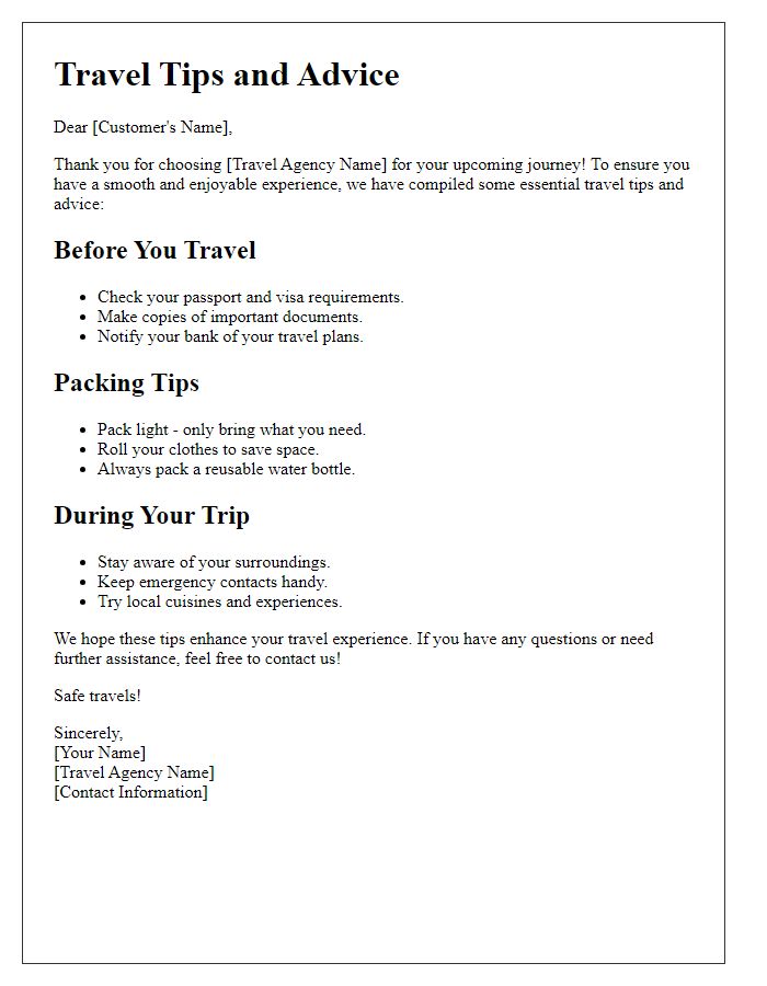 Letter template of travel agency travel tips and advice