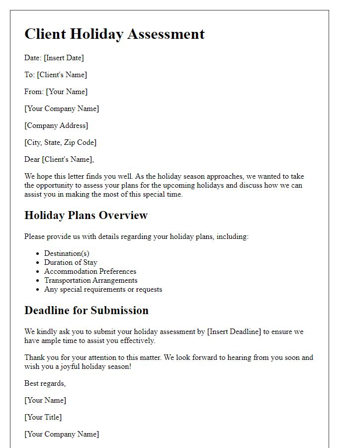 Letter template of client holiday assessment