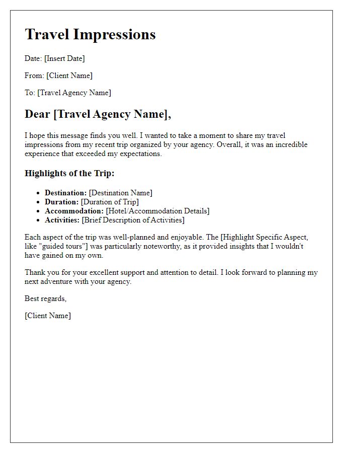 Letter template of client travel impressions