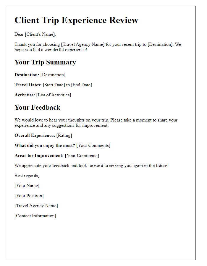 Letter template of client trip experience review