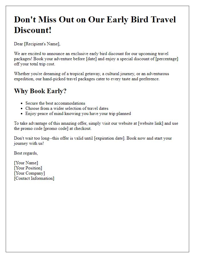 Letter template of early bird travel discount opportunity