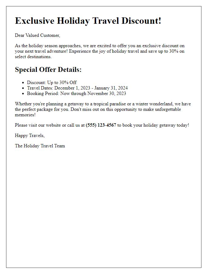 Letter template of holiday travel discount special