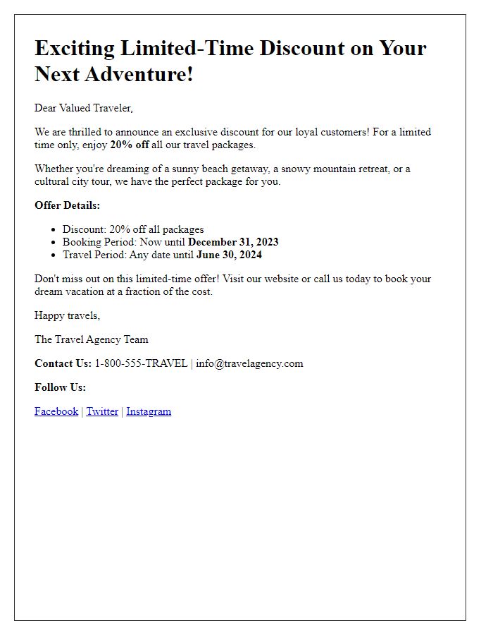 Letter template of limited-time travel agency discount announcement