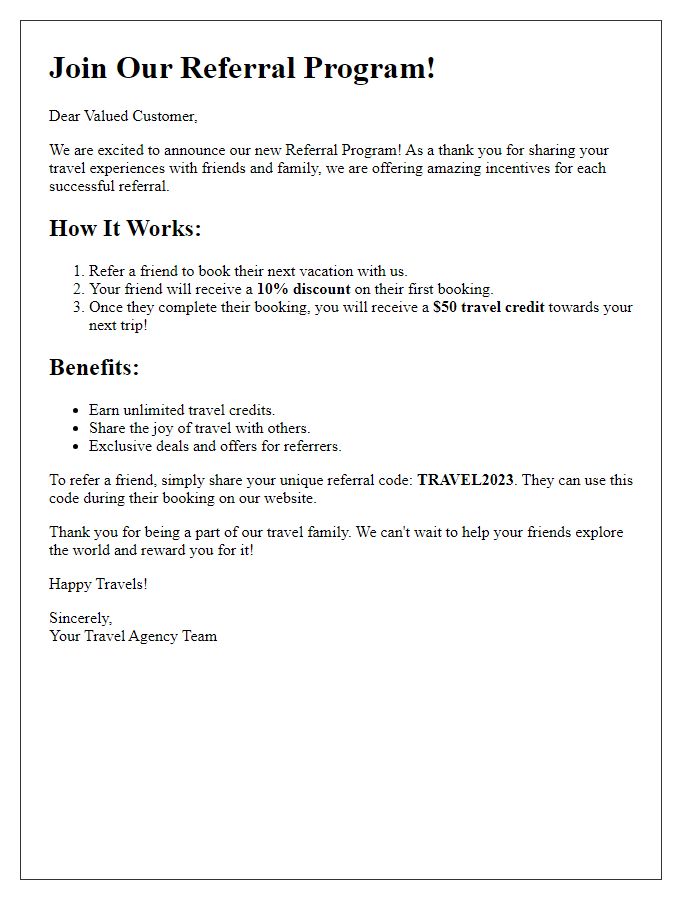 Letter template of referral program incentives from travel agency